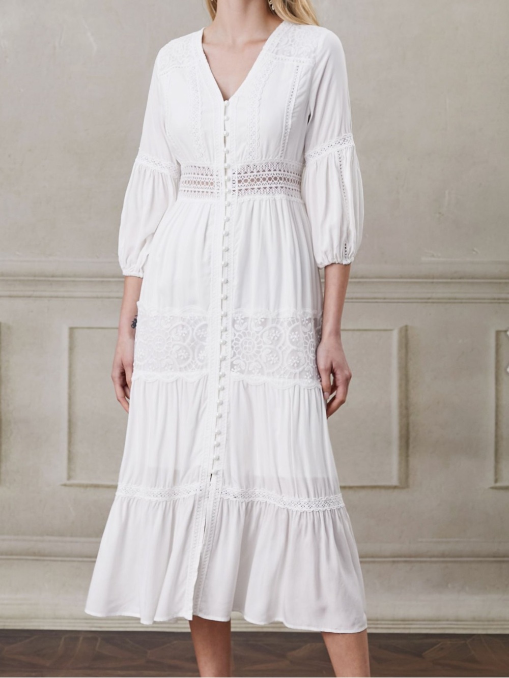 Chicwish Button Down Crochet Embroidered Boho Maxi Dress White - Size M